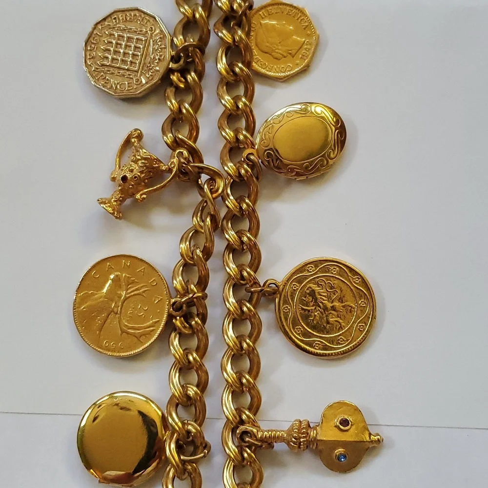 Goldtone Roman Coins & Charms Necklace 16" - Picture 9 of 9